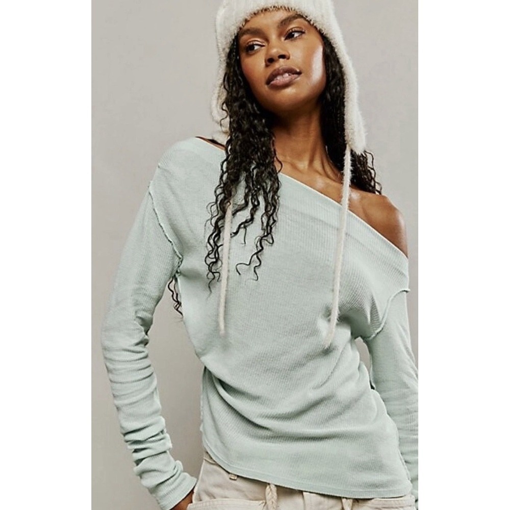 We The Free Free People Thermal Knit Top Small Mint Green Boat Neck Long Sleeve